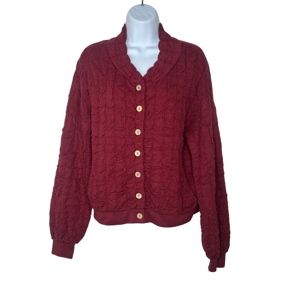 Free People FP Beach Sunny Bomber Cardigan Small Burgundy Sweater Textured - Picture 2 of 9